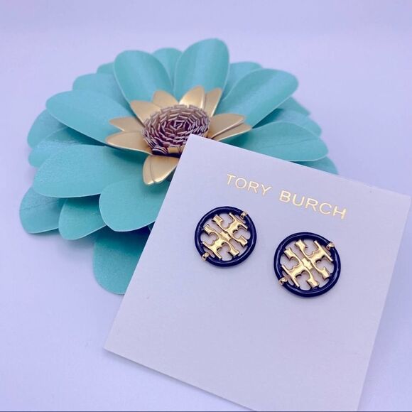 NWOT Tory Burch Gold DoubLe T With Black Enamel Trim Round Stud Earrings - Picture 8 of 10